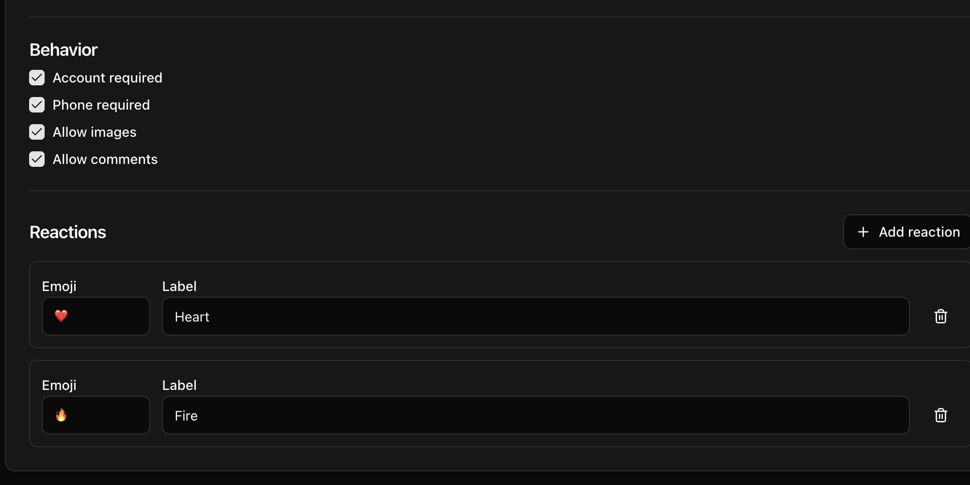 CoreRP Social network settings showing all four behavior options enabled and Heart and Fire reaction rows