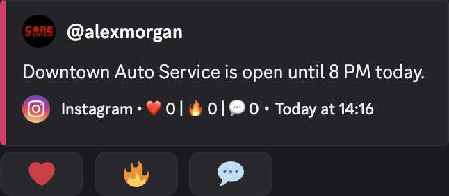 Discord social post published with the saved appearance, reactions, and comment control