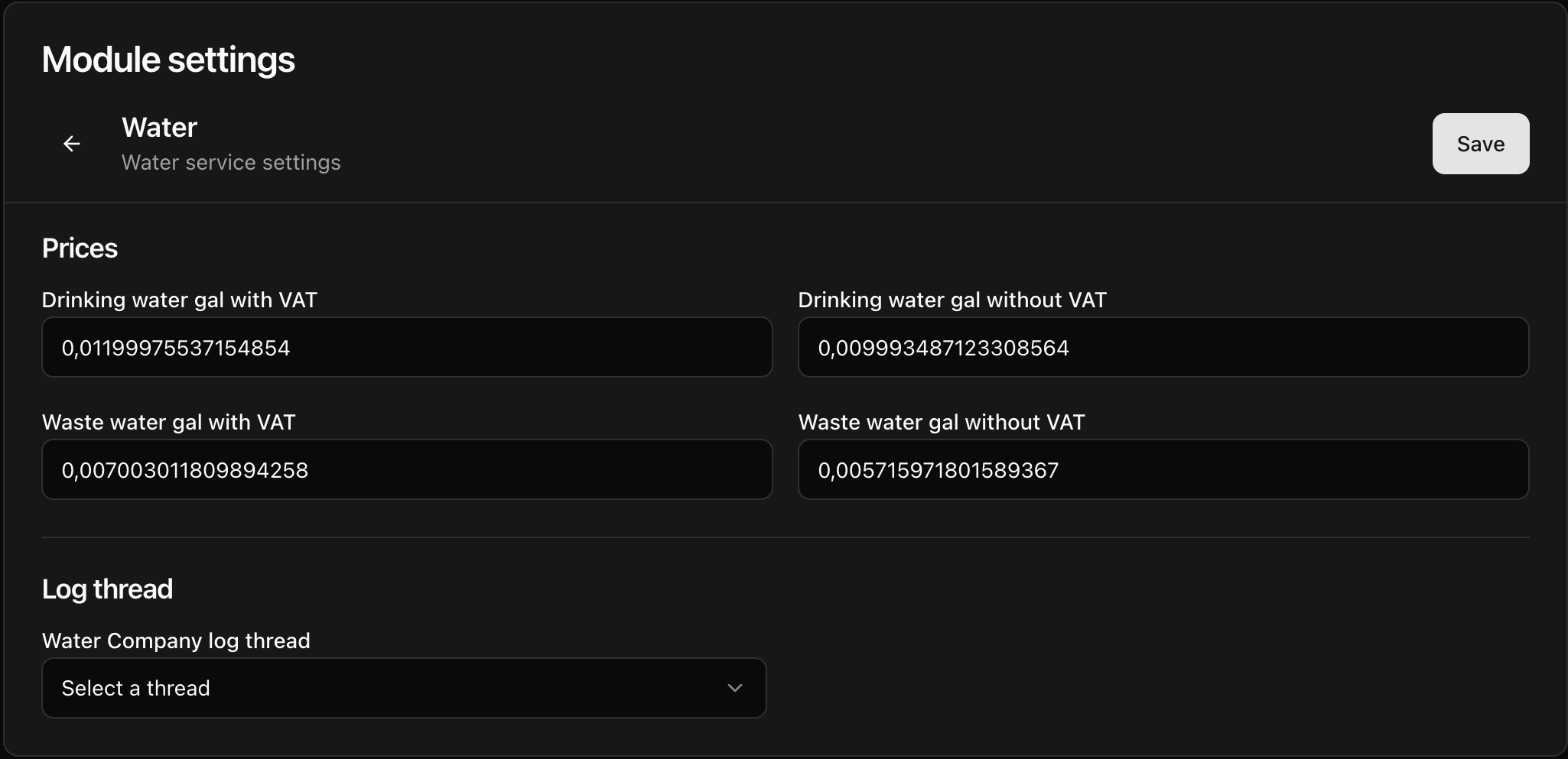 CoreRP Water settings showing four U.S. gallon price fields, no log thread selected, and the Save button