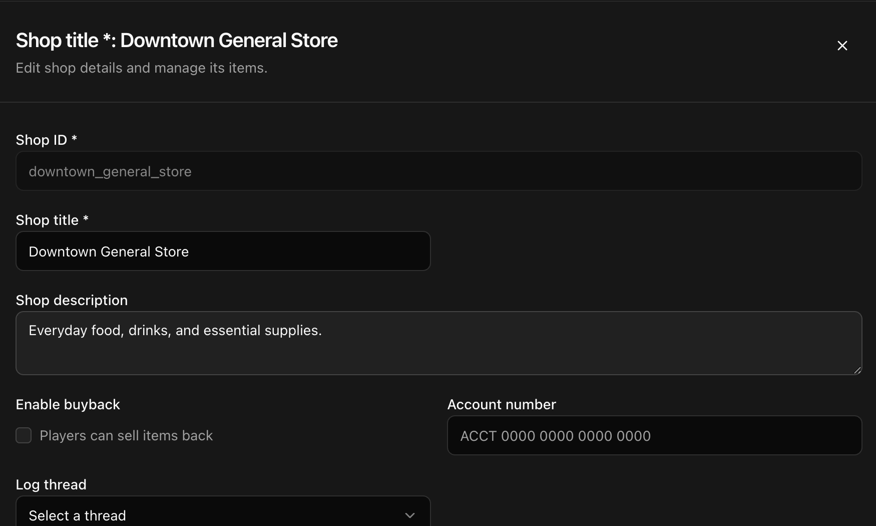 CoreRP shop editor showing the Downtown General Store ID, title, description, buyback option, account routing, and log-thread selector