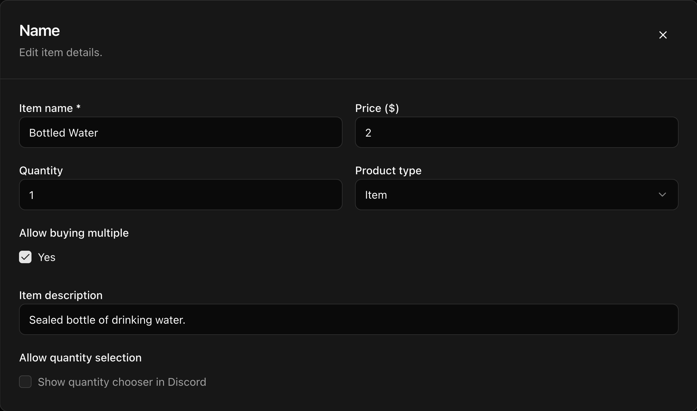 CoreRP dashboard shop product editor showing Bottled Water at 2 dollars, quantity 1, and Item product type