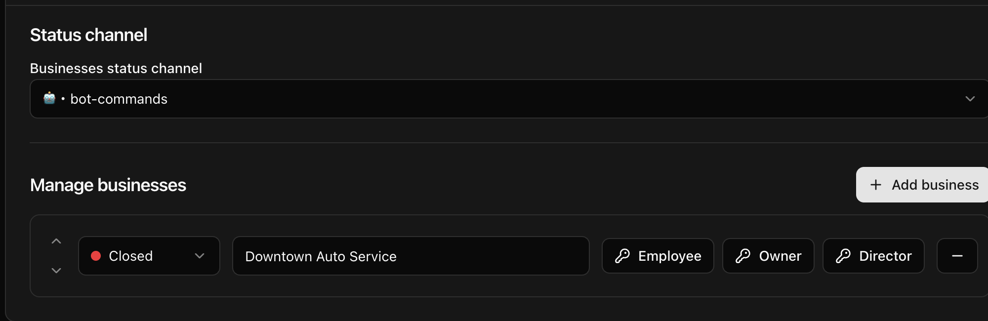 CoreRP Businesses settings showing the status channel, Downtown Auto Service in Closed status, and Employee, Owner, and Director permission controls