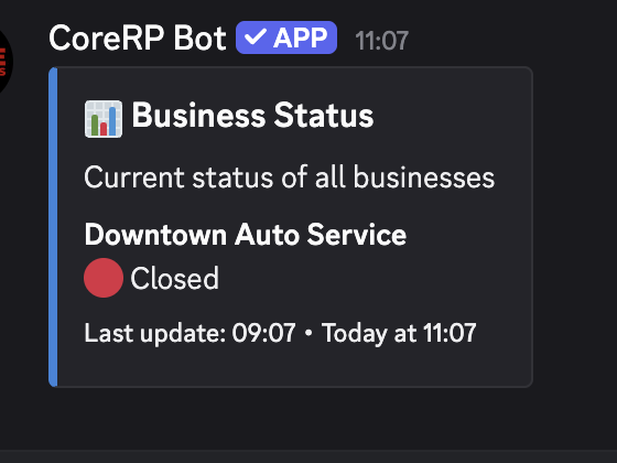 Discord Business Status panel showing Downtown Auto Service as Closed