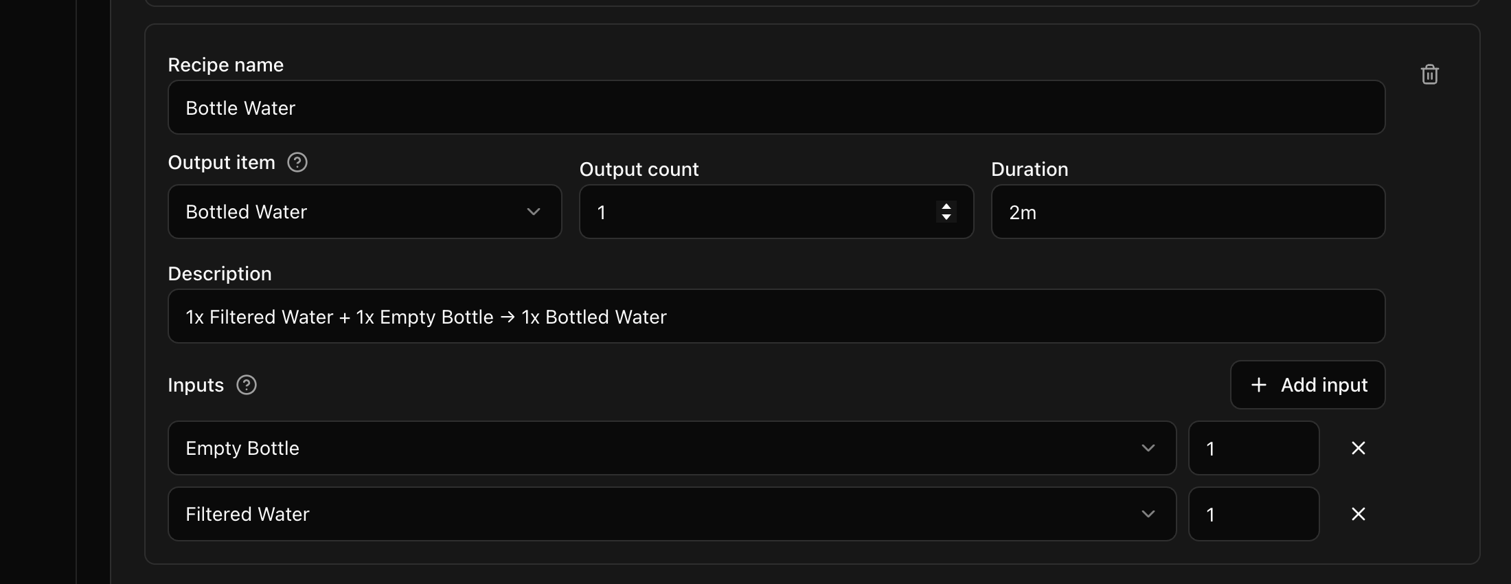 CoreRP Manufacturing Preparing recipe named Bottle Water with Filtered Water and Empty Bottle as inputs and Bottled Water as the output