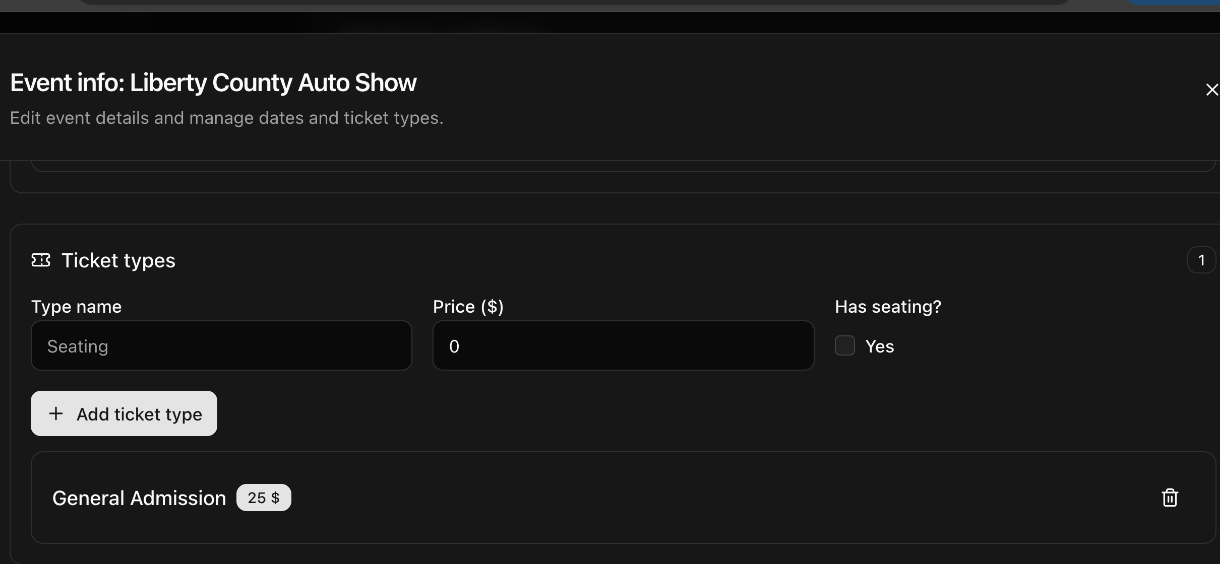 CoreRP dashboard saved General Admission ticket type priced at 25 dollars