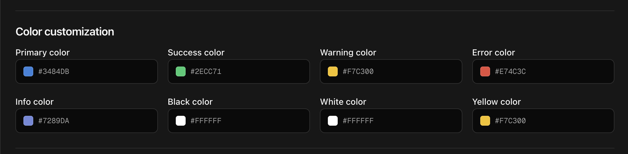 CoreRP Color customization showing all eight fields with Black color temporarily changed to FFFFFF