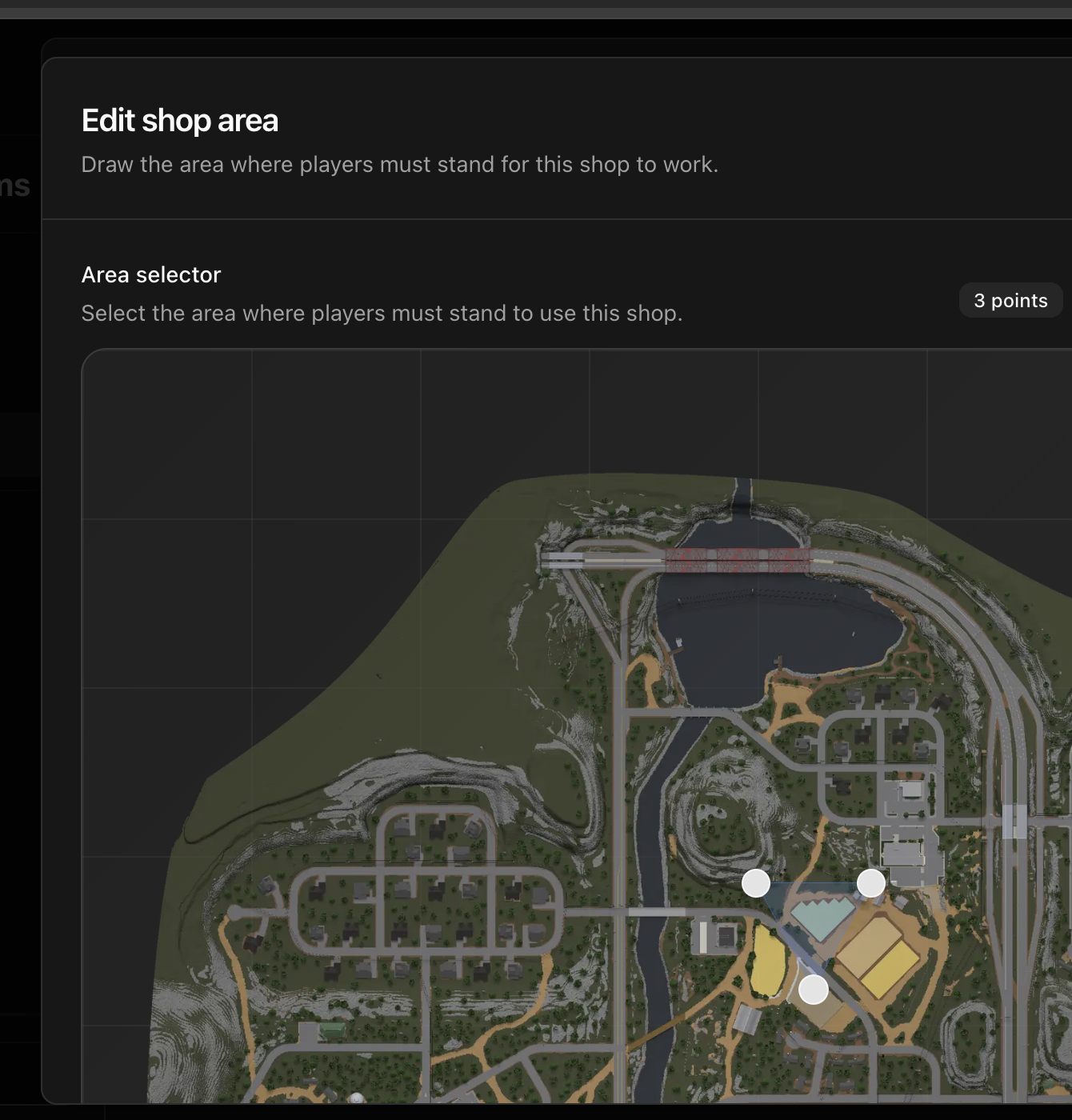 CoreRP Edit shop area dialog showing three points forming a triangular boundary on the ER:LC map