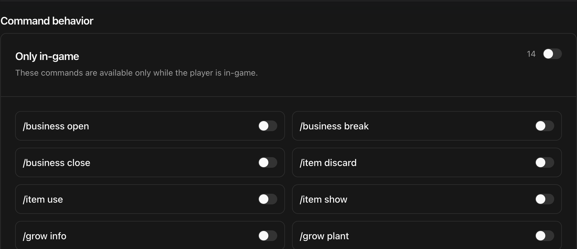 CoreRP dashboard Command behavior settings showing representative Only in-game command choices