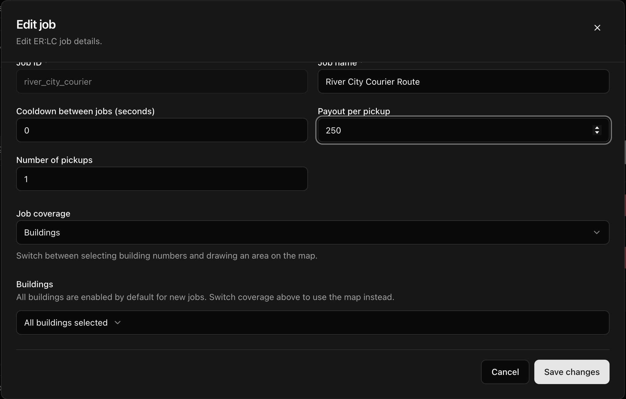 CoreRP Edit job form showing River City Courier Route with a 250 payout, one pickup, and Buildings coverage