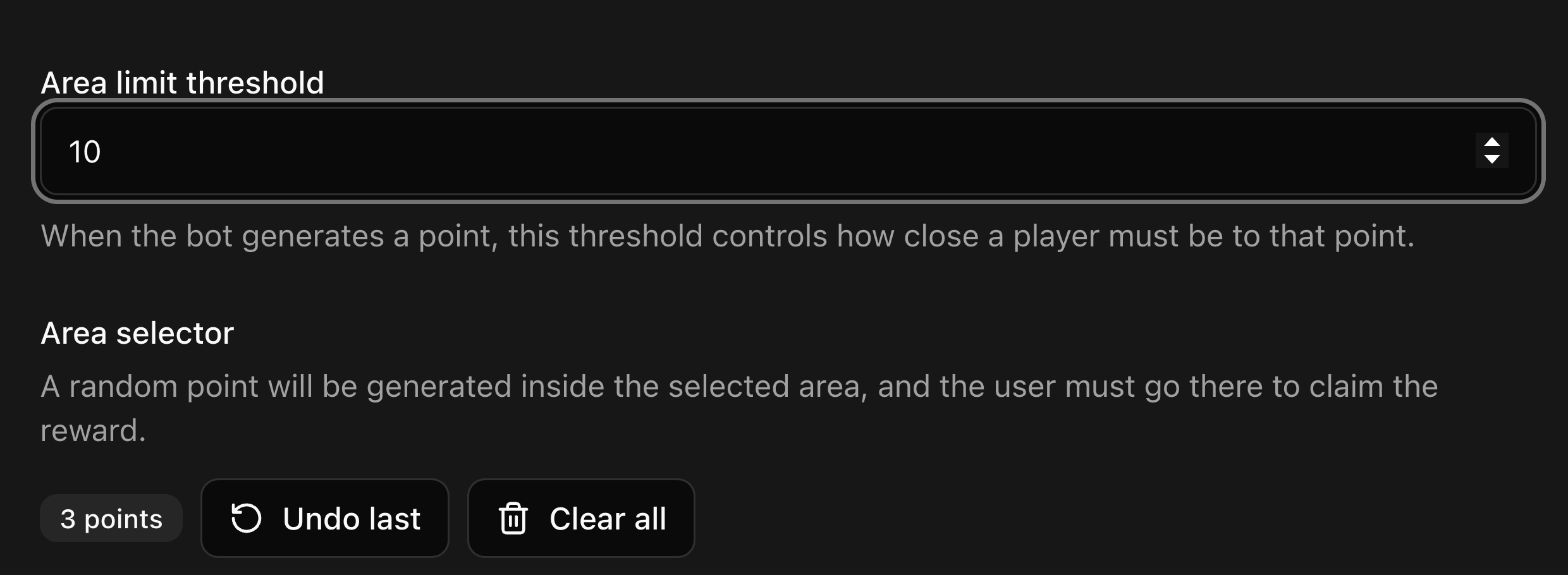 CoreRP ER:LC job editor showing the Area limit threshold and the Undo last and Clear all controls