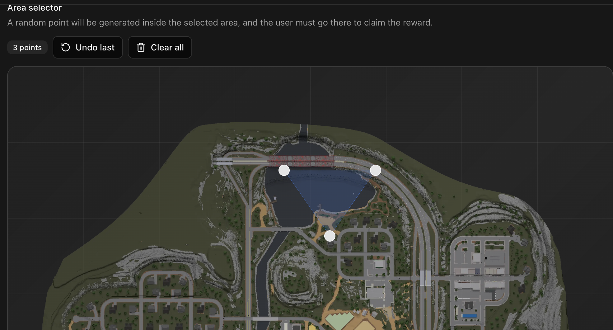CoreRP ER:LC job area selector showing a three-point polygon on the map