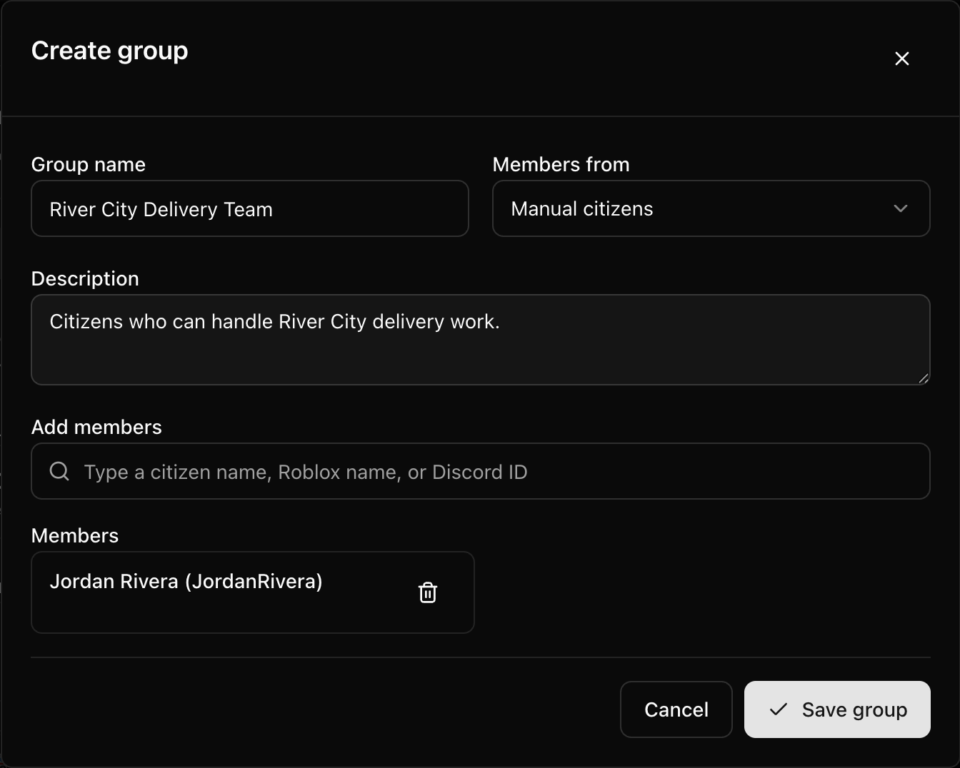 CoreRP dashboard Create group form for the River City Delivery Team