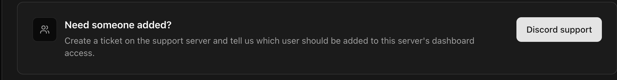 Dashboard access card with the Discord support button