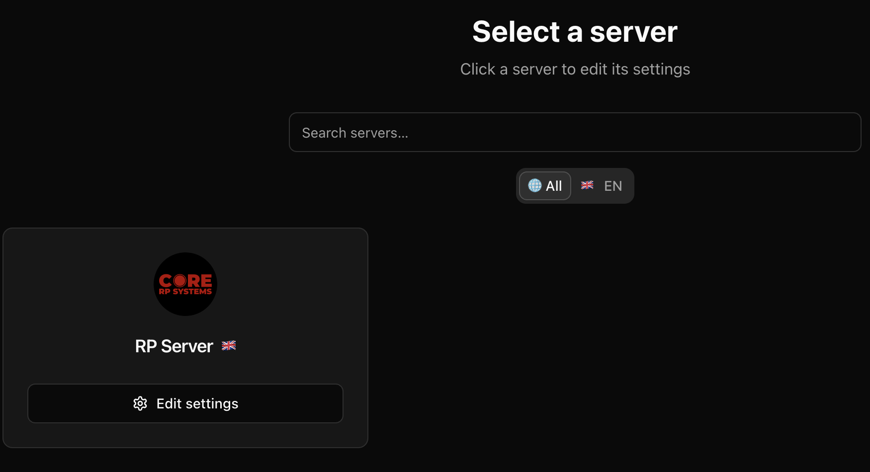 Server selection with All selected, an empty search, and the RP Server card